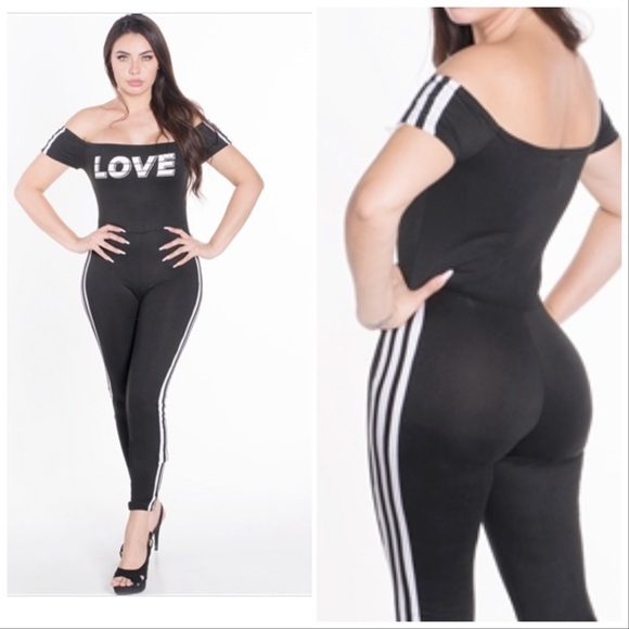 Off the shoulder black bodycon striped jumpsuit - Picture 2 of 9